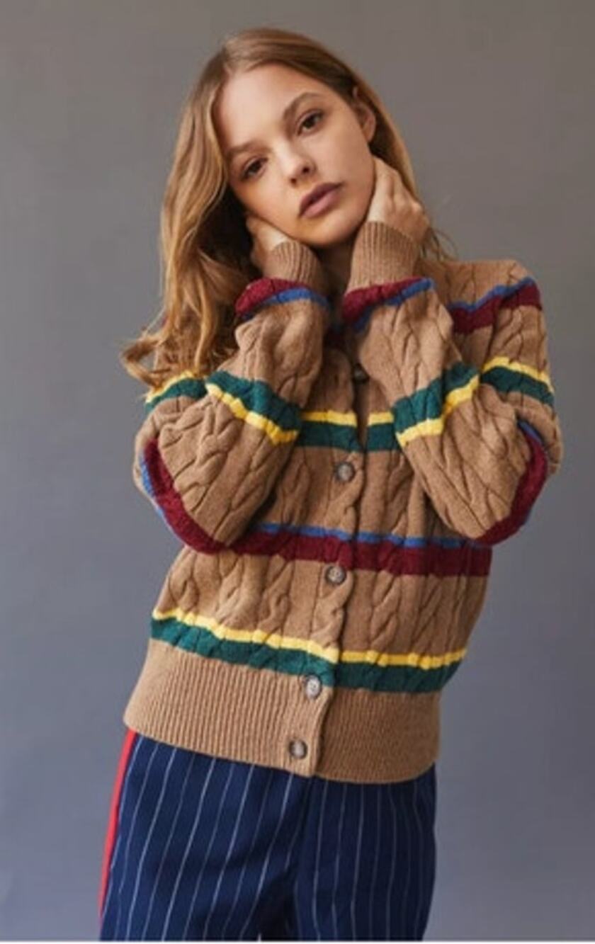POLO RALPH LAUREN Sz M Medium Cable Knit Stripe Cardigan Sweater Cotton Wool